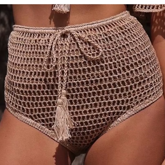 Anna Kosturova Havana M & L Tan Gold Metallic Handmade Crochet High Waist Bottom - Picture 2 of 7